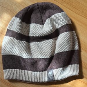 The North Face Brown and Cream Striped Knit Beanie